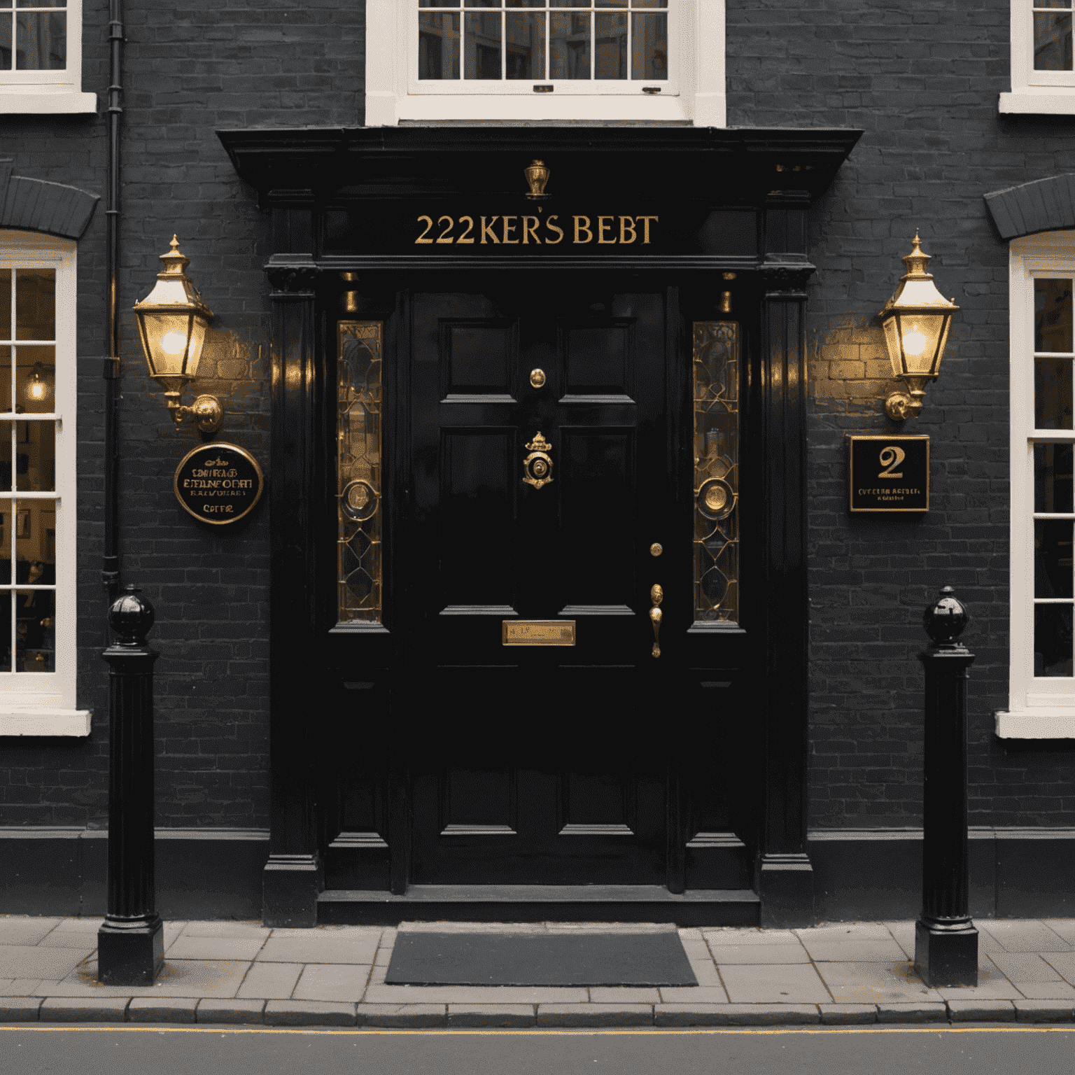 The facade of 221b Baker Street, a Georgian townhouse with a black door and gold lettering. Gas lamps flank the entrance, and a Victorian-era police officer stands guard.