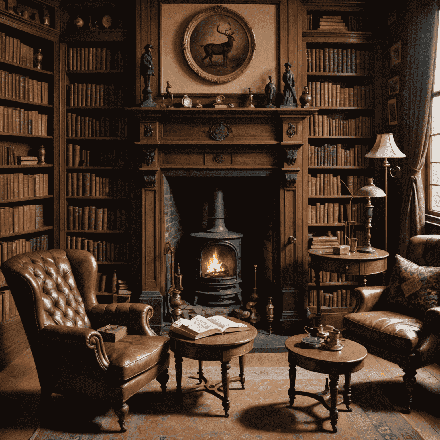 A Victorian-era study with a fireplace, leather armchairs, and bookshelves filled with curiosities. A deerstalker cap and magnifying glass are prominently displayed on a side table.