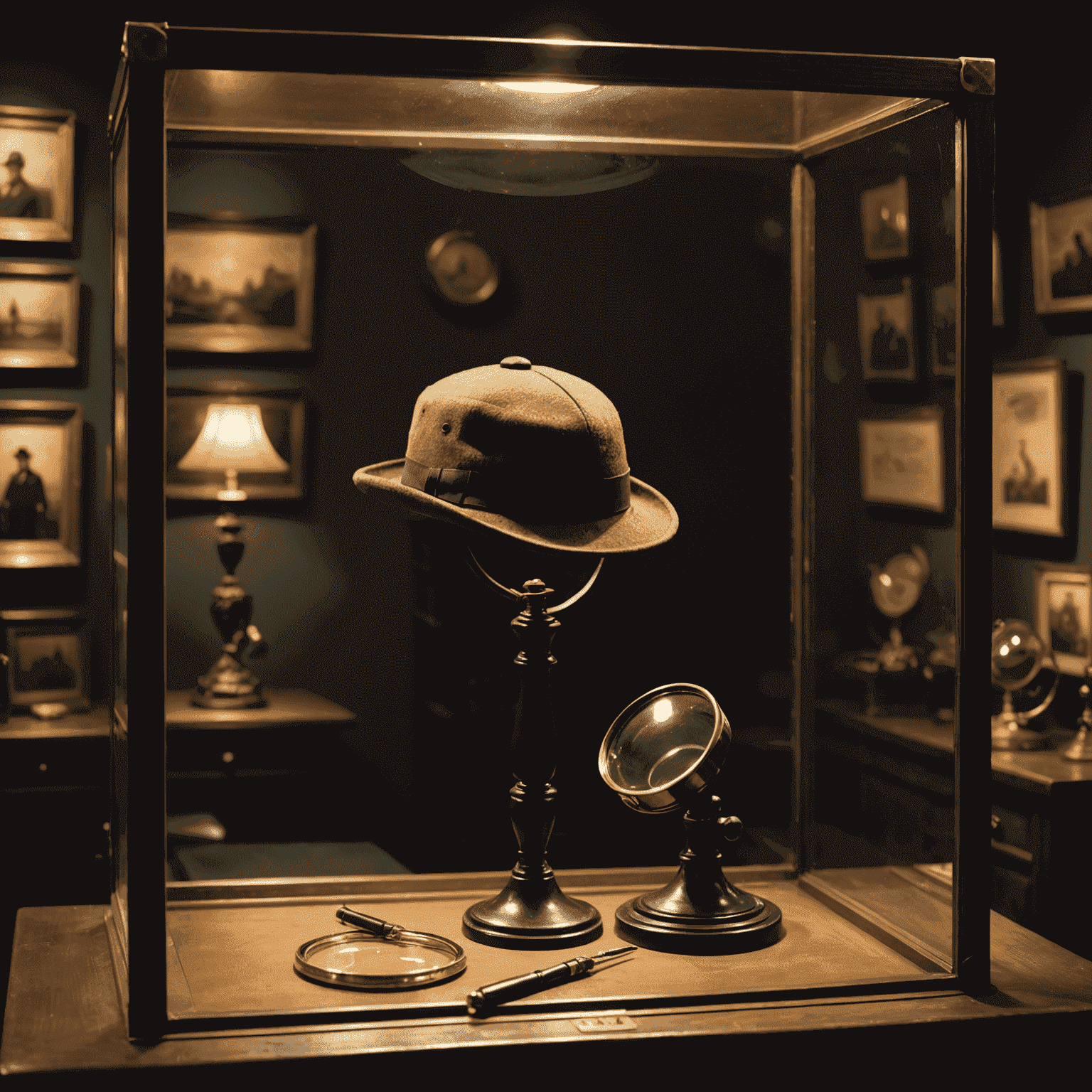 A dimly lit museum display case with an empty spot where Sherlock Holmes' iconic deerstalker hat should be. A magnifying glass lies nearby, suggesting an ongoing investigation.