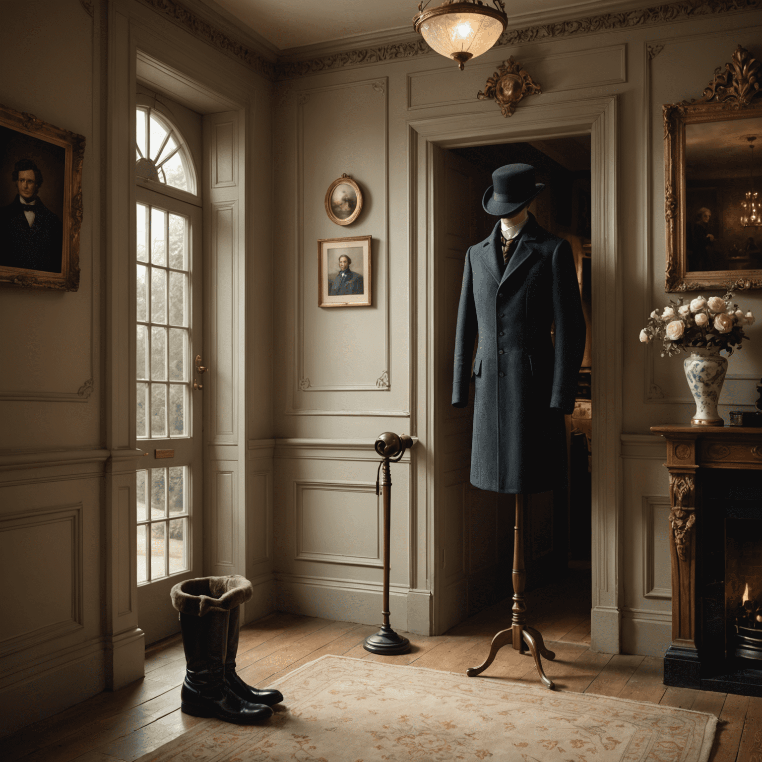 Victorian entrance hall with a hat stand holding Sherlock's deerstalker cap and walking stick. A Persian slipper is visible on the mantelpiece.