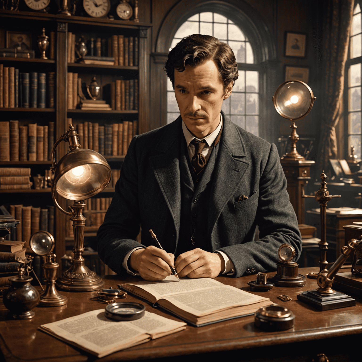 Sherlock Holmes examining clues with a magnifying glass in his study at 221B Baker Street. The room is filled with Victorian-era decor, books, and scientific instruments.