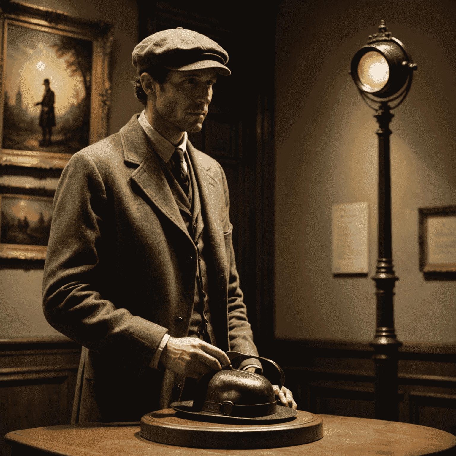 A deerstalker hat sitting on a museum pedestal, with a magnifying glass nearby and a shadowy figure in the background