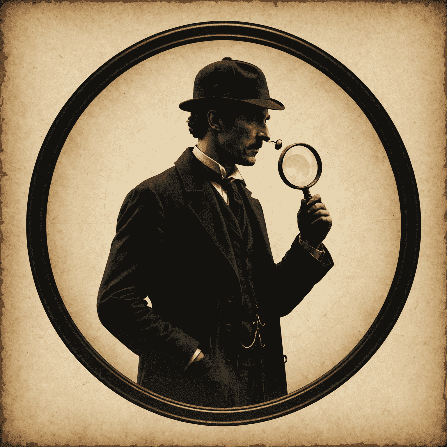 A silhouette of Sherlock Holmes wearing his deerstalker hat, surrounded by a magnifying glass frame