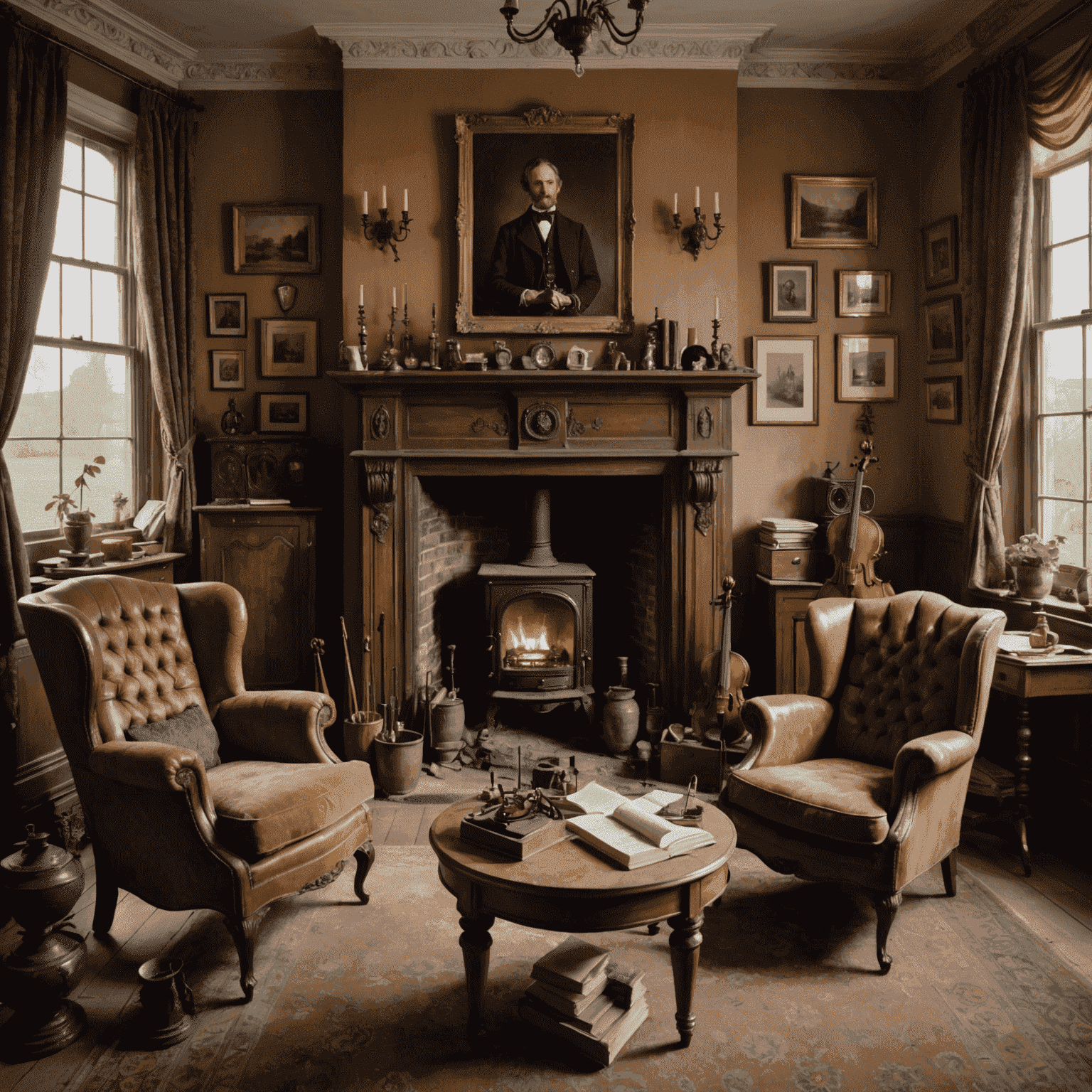 Cluttered Victorian sitting room with two armchairs by the fireplace, chemical apparatus on a side table, and a violin resting near the window.