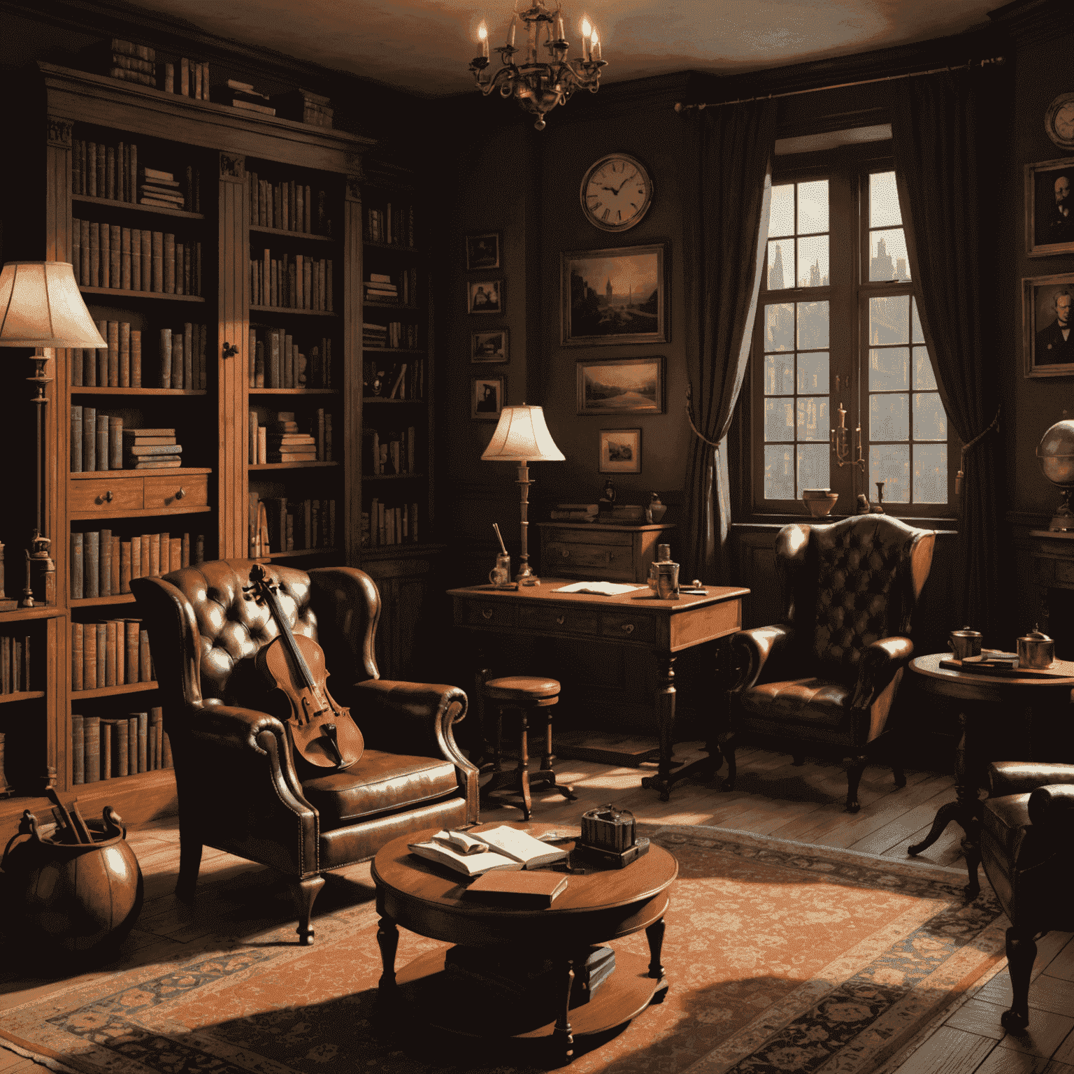 A detailed 3D rendering of 221B Baker Street's study, showing Sherlock's violin, chemistry set, and iconic armchair