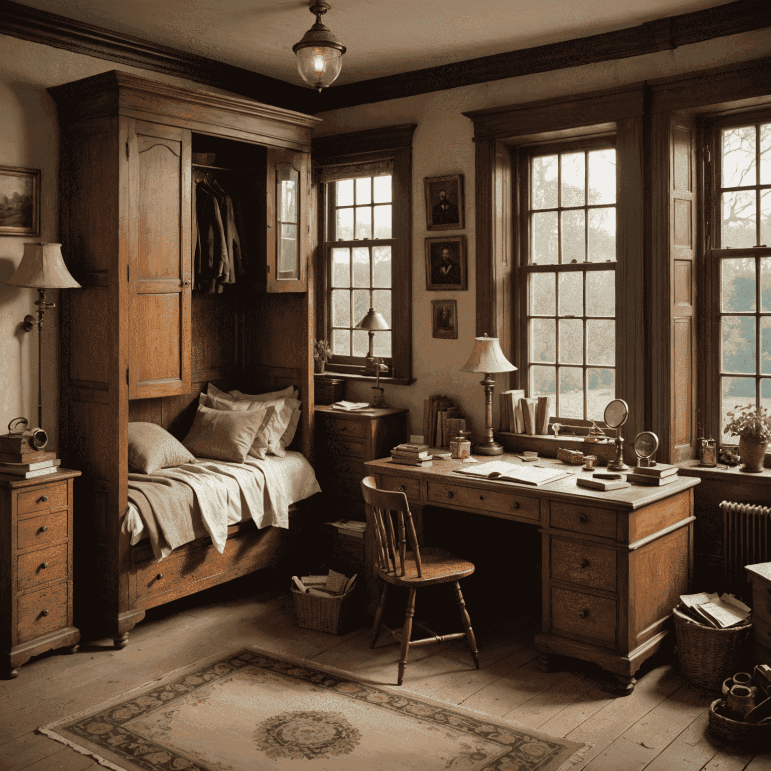 Spartan Victorian bedroom with a single bed, a wardrobe, and a desk covered in papers and magnifying glasses.