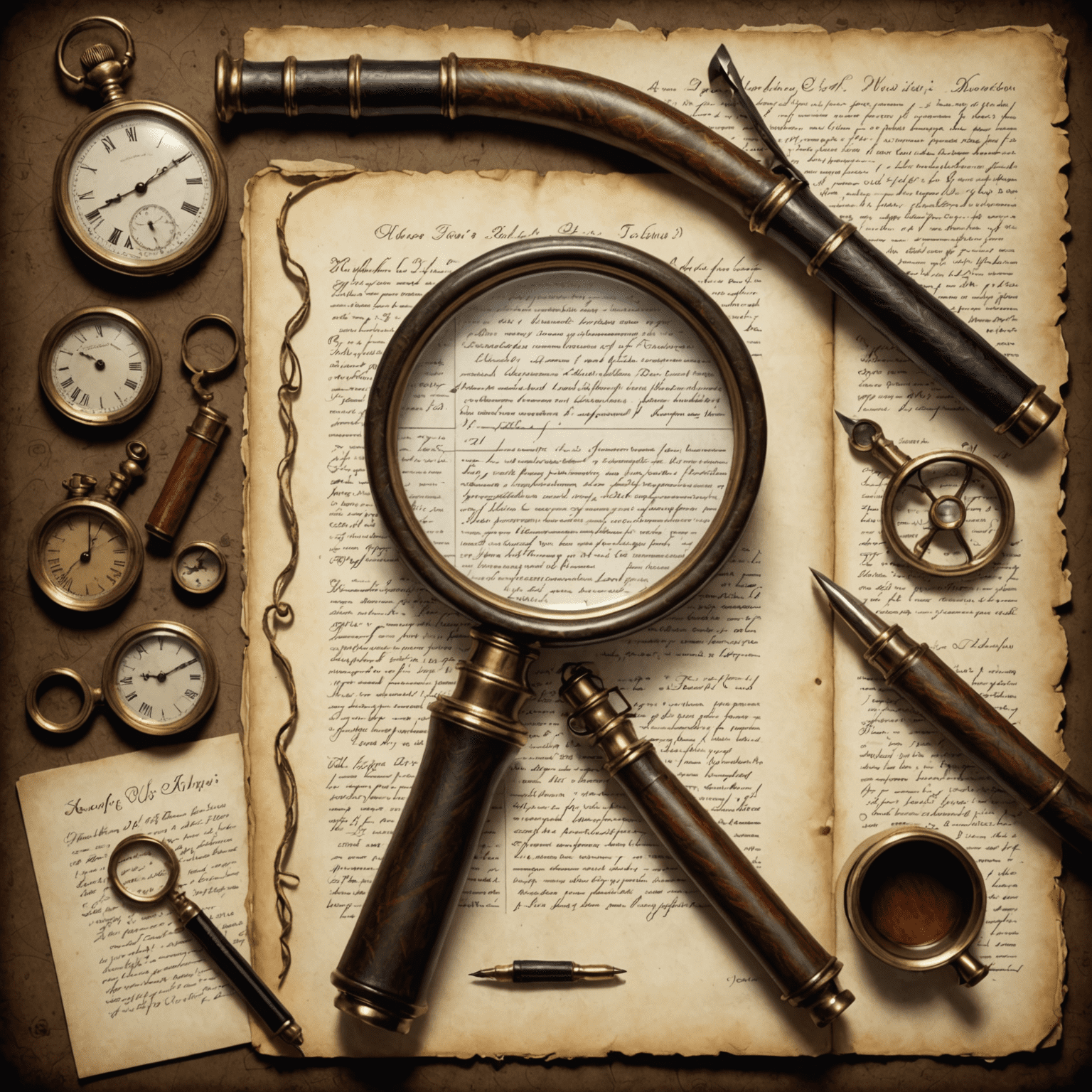 A collage of Sherlock Holmes' tools: magnifying glass, pipe, and notebook, with deductive reasoning symbols overlaid