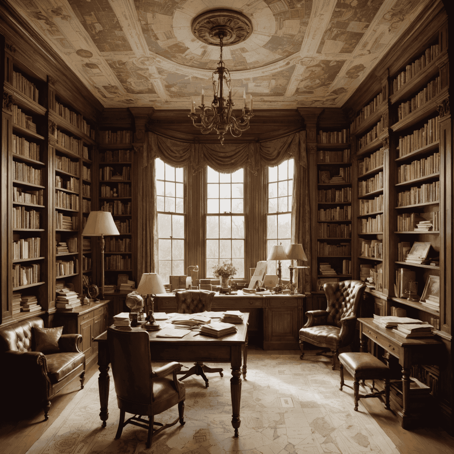 Victorian study with floor-to-ceiling bookshelves, a large desk covered in papers, and a wall adorned with maps and newspaper clippings.