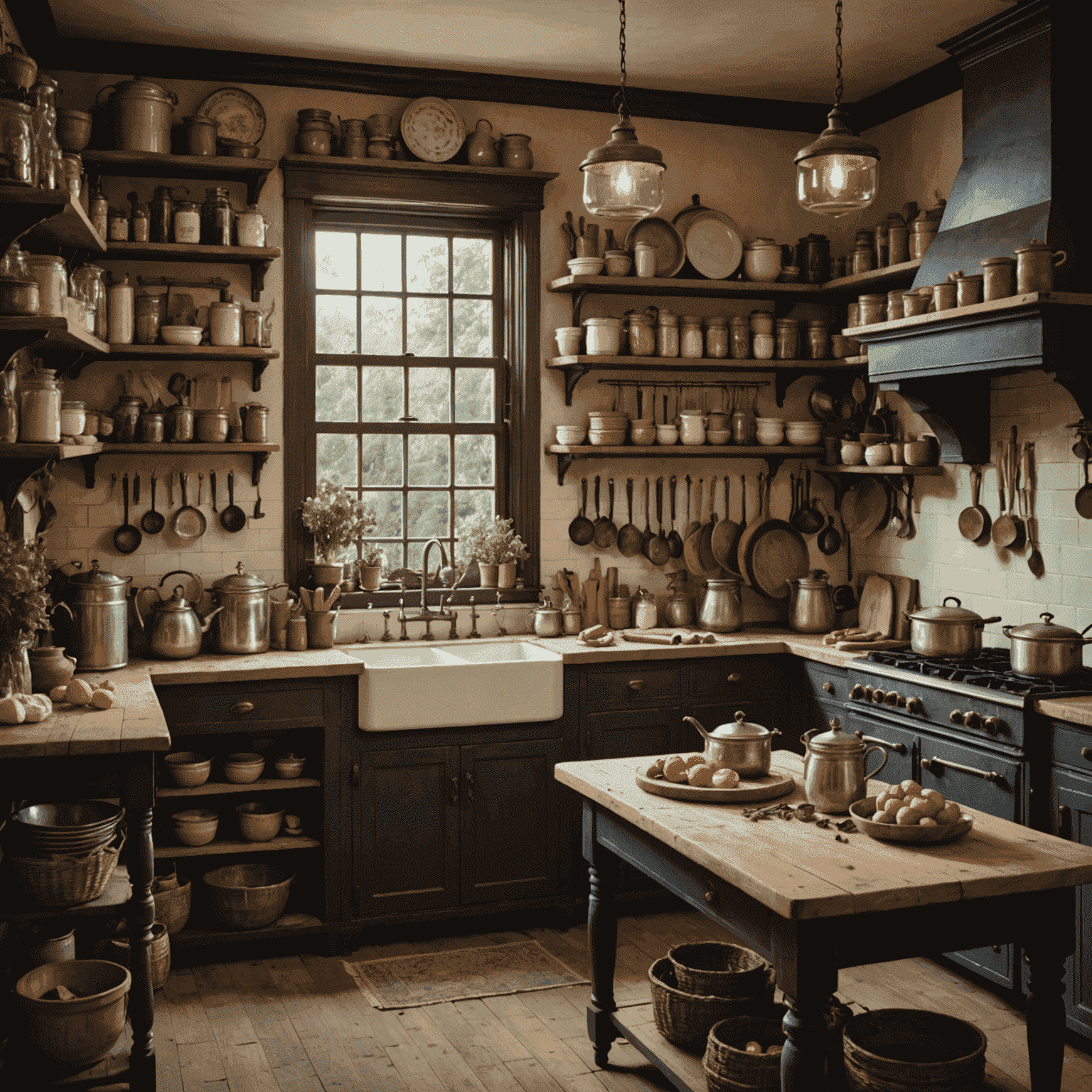 Cozy Victorian kitchen with a large stove, wooden table, and shelves lined with jars and cooking implements.