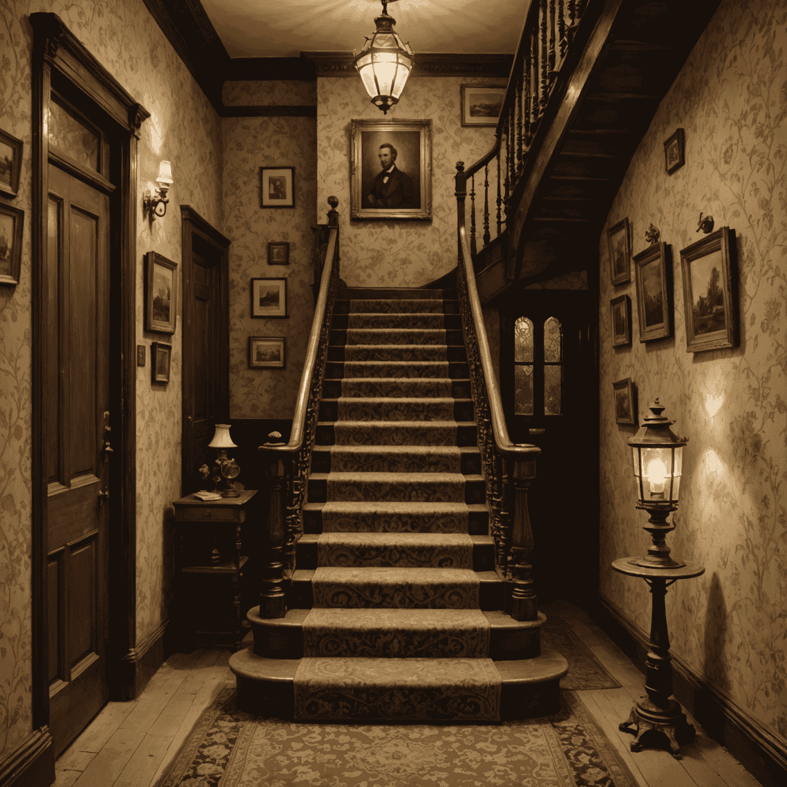 Narrow Victorian staircase with worn carpet and gas lamps on the wall.